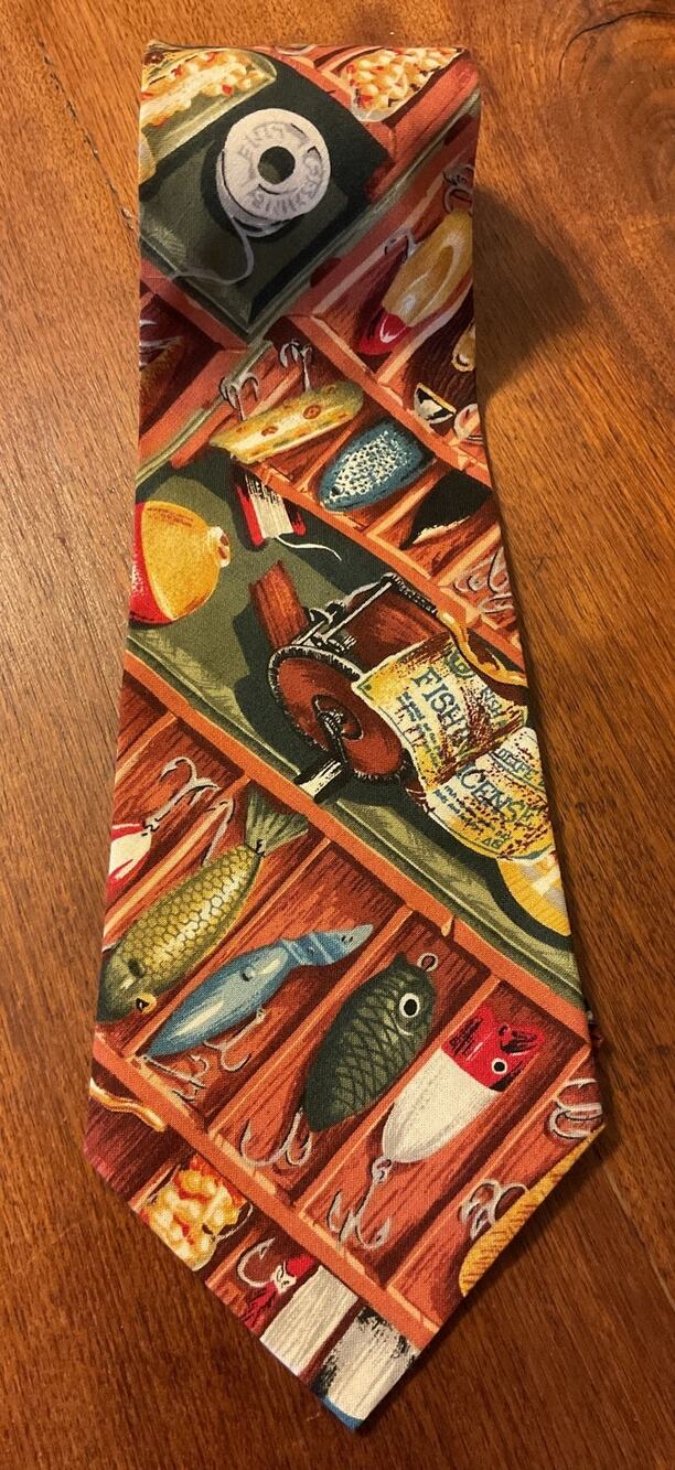 Amana Colonies Hand Crafted Fishing Tie Colorful Lures, Reels Sportsman Necktie